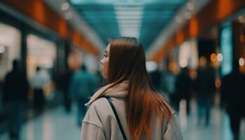 jong vrouw wandelen in een druk metro station gedurende stormloop uur gegenereerd door ai foto