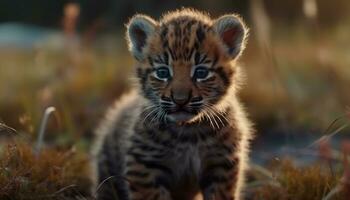 schattig gestreept katje staren, speels, wandelen in gras, natuur schoonheid gegenereerd door ai foto