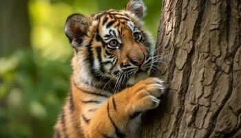 tijger in de wild, woest en mooi, staren met alertheid gegenereerd door ai foto