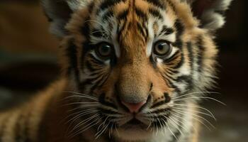 dichtbij omhoog portret van een schattig Bengalen tijger staren Bij camera gegenereerd door ai foto