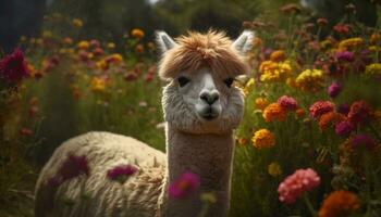 schattig alpaca begrazing Aan groen weide, op zoek Bij camera gegenereerd door ai foto