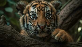 tijger welp staren, wild schoonheid in natuur, gestreept vacht, dichtbij omhoog gegenereerd door ai foto
