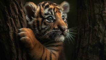 een schattig Bengalen tijger welp staren, scherpstellen Aan haar schoonheid gegenereerd door ai foto