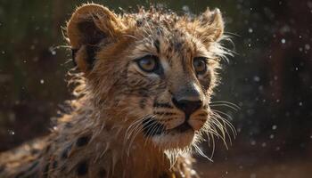 majestueus leeuw in de wild, dichtbij omhoog, op zoek Bij camera gegenereerd door ai foto