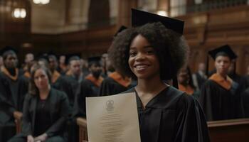 glimlachen jong Dames, volwassenen enkel en alleen, op zoek Bij camera, Holding diploma's gegenereerd door ai foto