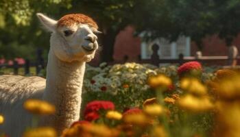 schattig alpaca begrazing Aan groen weide, glimlachen onder de zon gegenereerd door ai foto