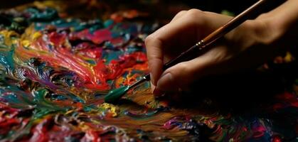 creatief artiest verven levendig kleuren met een multi gekleurde penseel Aan papier gegenereerd door ai foto