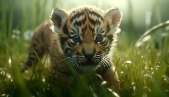 schattig tijger welp schuilplaats in gras, op zoek Bij camera speels gegenereerd door ai foto