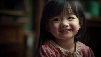 glimlachen schattig meisjes, kinderjaren geluk, vrolijk portret, klein Chinese etniciteit gegenereerd door ai foto