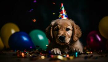 schattig puppy viert verjaardag met vrienden, geschenken, en decoraties gegenereerd door ai foto
