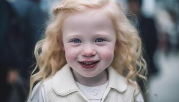 glimlachen kind, vrolijk en schattig, uitstralend geluk in portret buitenshuis gegenereerd door ai foto