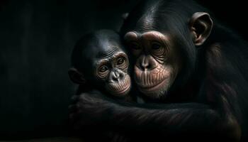 schattig jong primaat in de wild, op zoek Bij camera met liefde gegenereerd door ai foto