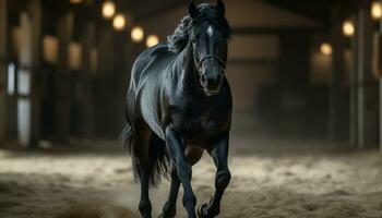 mooi volbloed paard rennen in een donker nacht, presentatie van elegantie gegenereerd door ai foto