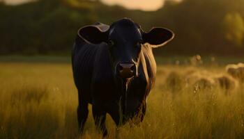 schattig koe begrazing Aan groen weide in de zomer zonsondergang gegenereerd door ai foto