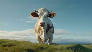 schattig koe begrazing Aan groen weide, op zoek Bij camera gegenereerd door ai foto