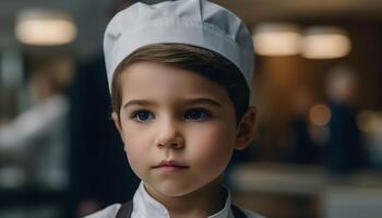 schattig jongen in keuken, lachend, op zoek Bij camera met vertrouwen gegenereerd door ai foto