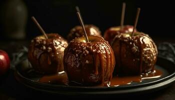 een bord van vers, eigengemaakt chocola gedoopt fruit voor toegeeflijkheid gegenereerd door ai foto