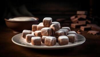 stack van donker chocola kubussen Aan een houten tafel, aanlokkelijk toegeeflijkheid gegenereerd door ai foto