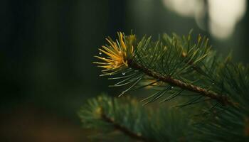 vers groen pijnboom boom Afdeling in de Woud, dichtbij omhoog natuur gegenereerd door ai foto