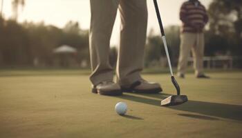 mannen spelen golf buitenshuis Aan een met gras begroeid golf Cursus gegenereerd door ai foto