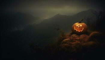spookachtig pompoen gloeit in de donker nacht van halloween gegenereerd door ai foto
