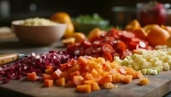 versheid Aan snijdend bord gezond aan het eten, groente, vegetarisch voedsel, fruit gegenereerd door ai foto