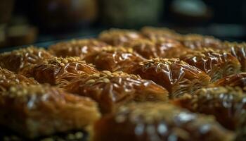 vers gebakken baklava, een zoet Turks nagerecht, is een fijnproever toegeeflijkheid gegenereerd door ai foto