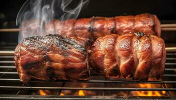 gegrild varkensvlees Aan een vleespen, een heerlijk barbecue partij tussendoortje gegenereerd door ai foto