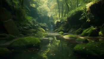 rustig tafereel van vloeiende water in een weelderig groen Woud gegenereerd door ai foto