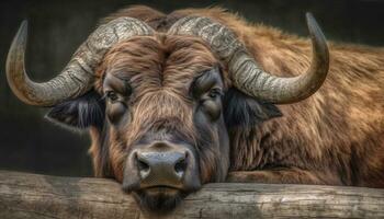 dichtbij omhoog portret van een groot gehoornd zoogdier begrazing in de weide gegenereerd door ai foto