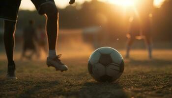 mannen spelen voetbal Aan een gras veld, schoppen voetbal bal gegenereerd door ai foto