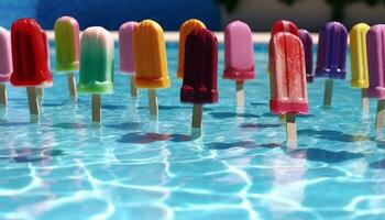 zomer pret met kleurrijk ijs room kegels, een verfrissend toegeeflijkheid gegenereerd door ai foto