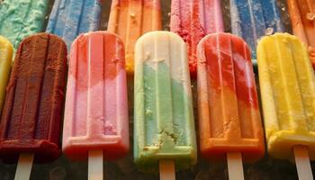 multi gekleurde nagerecht, zoet gearomatiseerd ijs, snoep fruit Aan achtergronden gegenereerd door ai foto