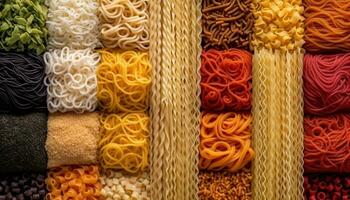 multi gekleurde pasta patroon Aan geel achtergrond gegenereerd door ai foto