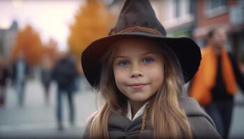 glimlachen meisje in schattig heks kostuum geniet herfst buitenshuis gegenereerd door ai foto