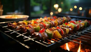 gegrild barbecue vlees Aan steenkool, vlam Koken, versheid buitenshuis gegenereerd door ai foto