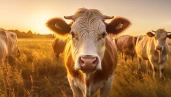 koeien grazen vredig in de weide, onder de gouden zonsondergang gegenereerd door ai foto