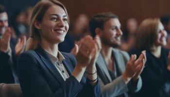 geslaagd bedrijf conferentie met verschillend publiek applaudisseren de professioneel spreker gegenereerd door ai foto