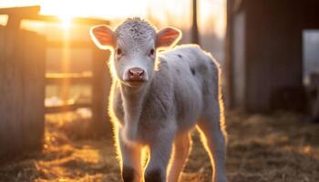 schattig koe begrazing Aan groen weiland, badend in zonsondergang schoonheid gegenereerd door ai foto