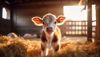 schattig koe begrazing Aan een weide, op zoek Bij de camera gegenereerd door ai foto