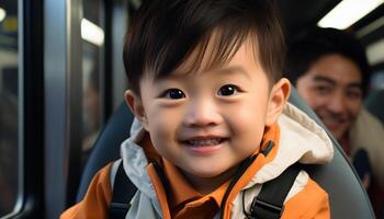 glimlachen Chinese jongen genieten van een blij auto reis met familie gegenereerd door ai foto