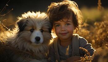 een schattig hond en kind omarmen, genieten van de buitenshuis samen gegenereerd door ai foto