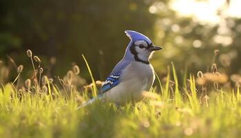 een schattig vogel neerstrijken Aan een Afdeling in de groen weide gegenereerd door ai foto