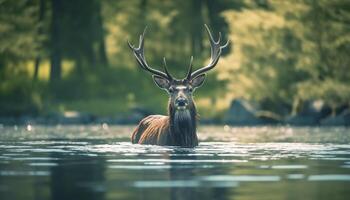 majestueus hert in herfst Woud, reflecterend schoonheid van rustig vijver gegenereerd door ai foto