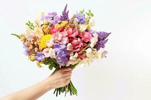 ai generatief. hand- Holding boeket van mooi bloemen foto