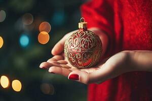 ai generatief. hand- van vrouw Holding snuisterij in voorkant van Kerstmis boom foto