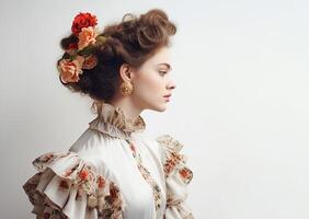 ai generatief. aristocratisch meisje in blouse met franje en bloemen in haar haar- foto