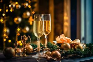 Champagne en vrolijk momenten - Kerstmis decoraties sieren de tafereel - generatief ai foto