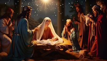 tafereel van de geboorte van Jezus. Kerstmis geboorte tafereel. foto
