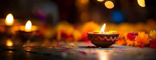 olie lamp decoratie in gelukkig diwali festival. foto